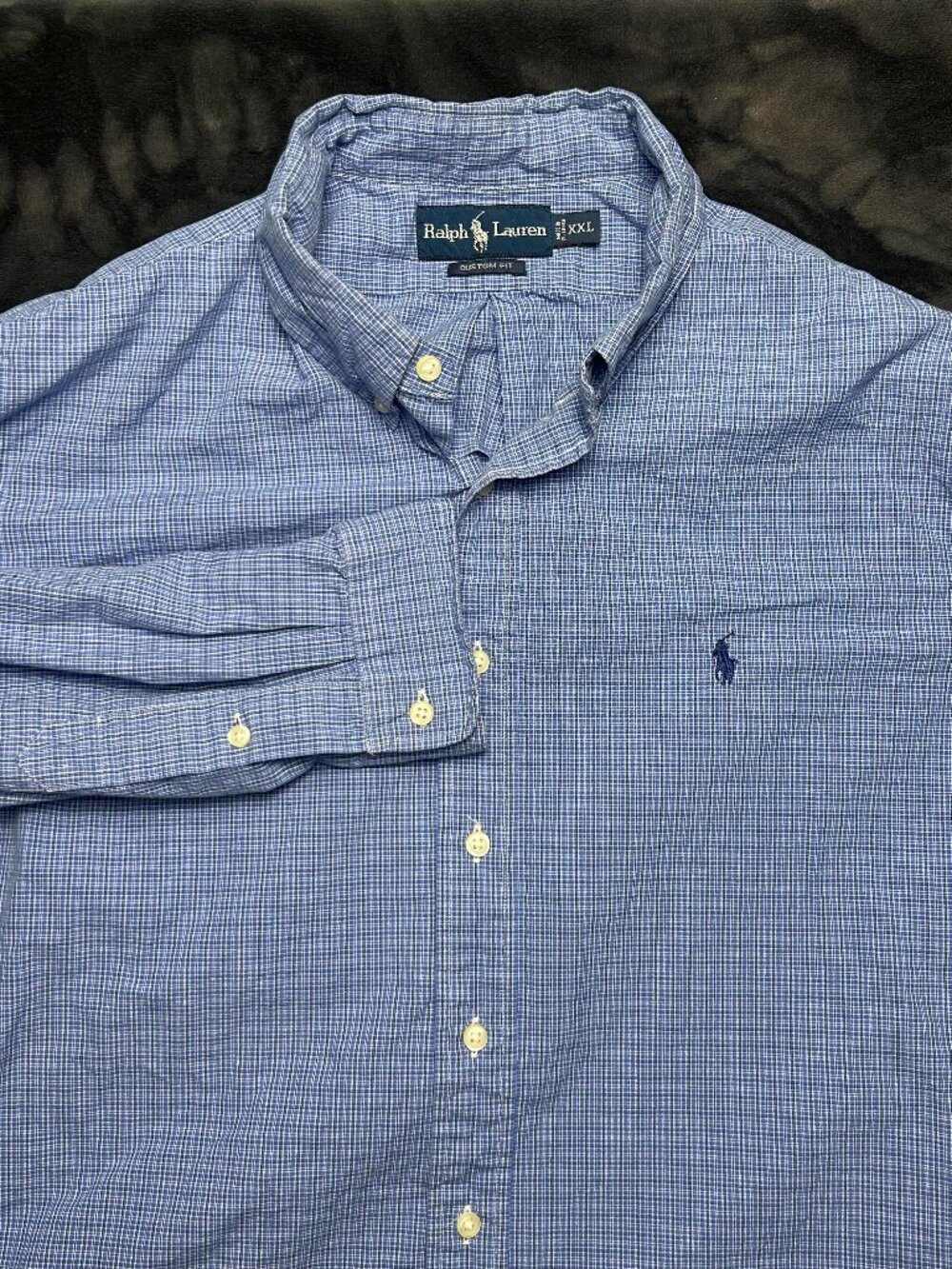 Ralph Lauren Custom Fit Men’S Button Front Shirt Xxl Blue Micro Check Cotton